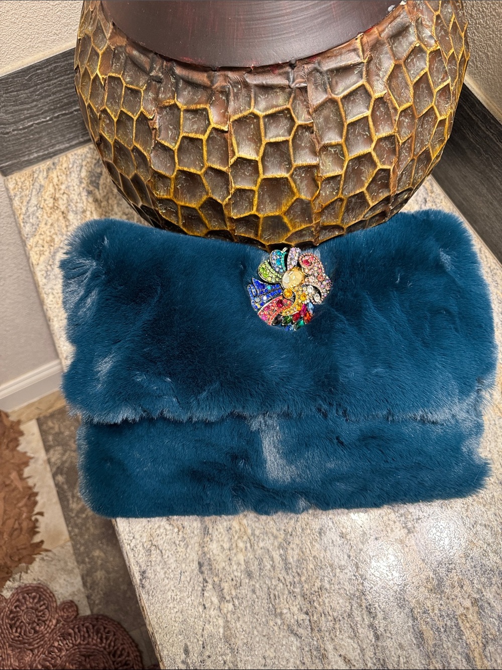 Teal Faux-Fur Clutch with Multicolored Crystal Brooch